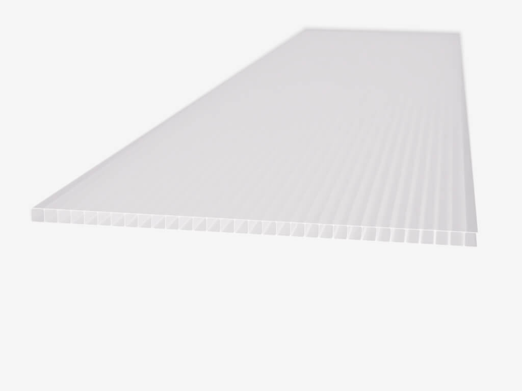 Weiße Hohlkammerplatte aus Kunststoff, seitliche Ansicht, ideal für Bau- und DIY-Projekte.