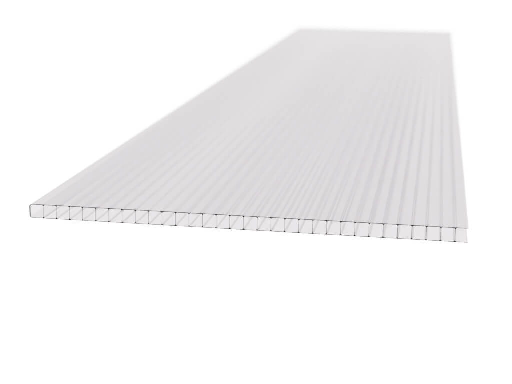Klarglas-Polycarbonatplatte mit Hohlkammern, ideal für Dächer und Gewächshäuser. Langlebig und witterungsbeständig.