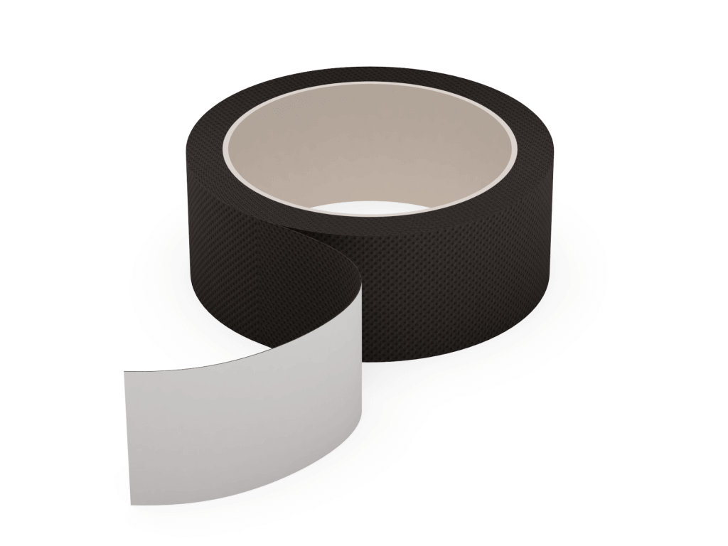 Schwarzes Gaffer Tape in Rollenform mit abgewickeltem Ende auf weißem Hintergrund. Ideal für Bühnenbau und Reparaturen.