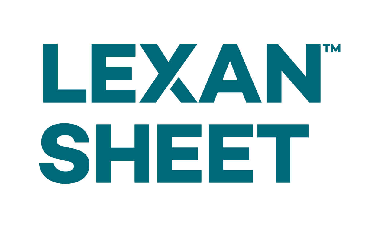 Text Lexan Sheet in türkis auf weißem Hintergrund, Produktlogo für Kunststoffplatten.