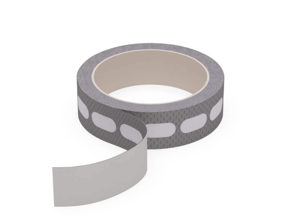 Graues Isolierband mit ovalen Mustern, teilweise abgerollt, für vielseitige Anwendungen im Handwerk und DIY.
