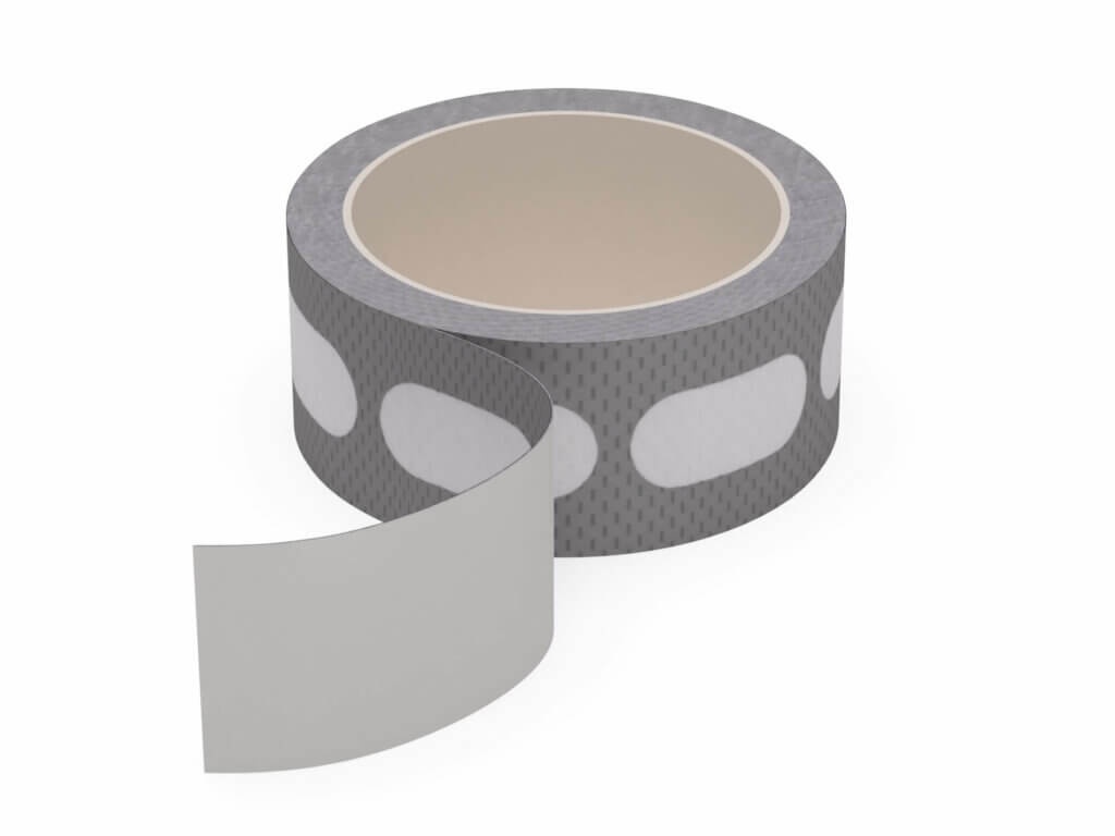 Graues Klebeband, teilweise abgerollt, auf weißem Hintergrund. Ideal für Reparaturen und vielseitigen Einsatz.