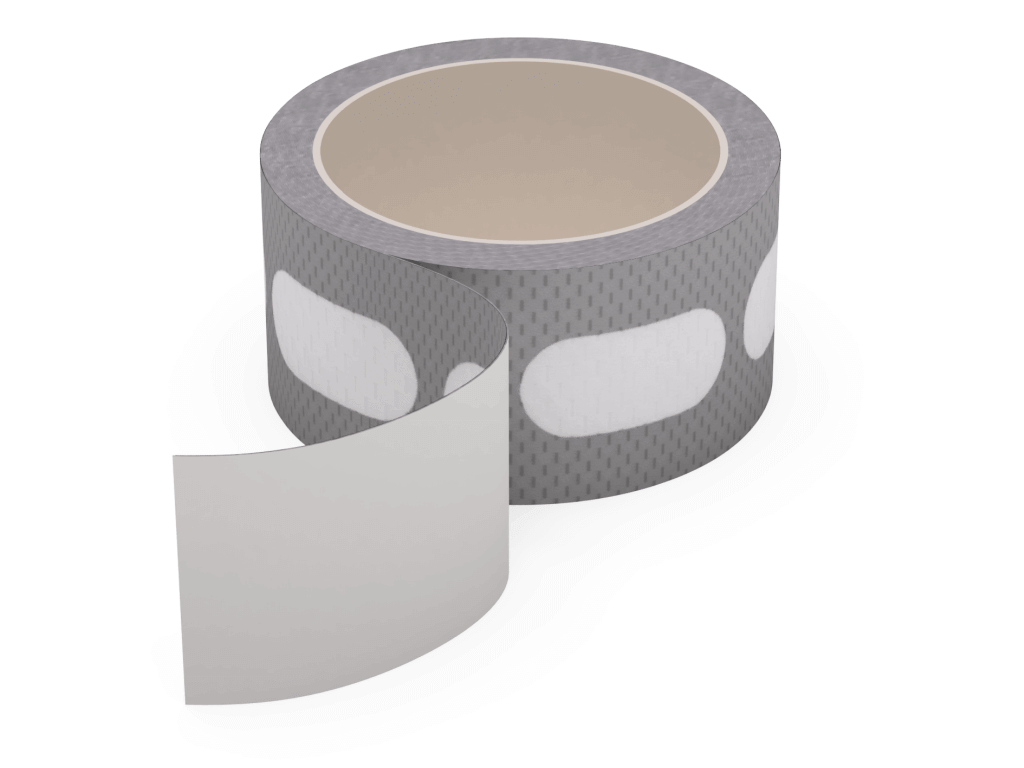 Graues Klebeband mit geprägter Textur, halb entrollt auf weißem Hintergrund. Perfekt für Heimwerkerprojekte.