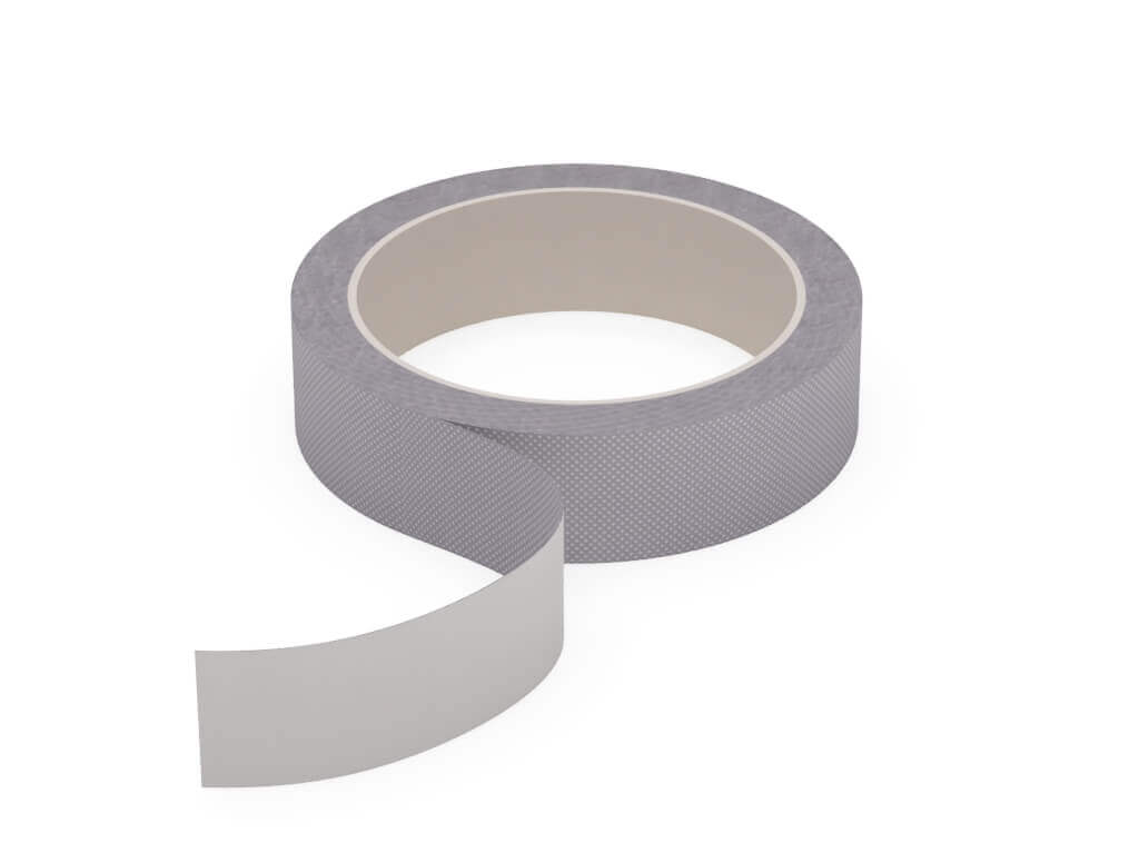 Graues Klebeband, teilweise abgerollt, vor weißem Hintergrund. Ideal für vielseitige Reparaturen und DIY-Projekte.