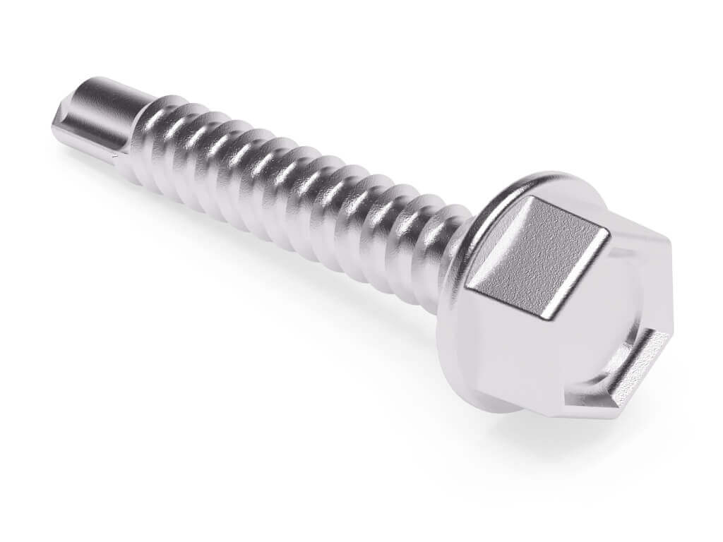 Silberne selbstschneidende Schraube mit Sechskantkopf, ideal für Metall- und Holzkonstruktionen.