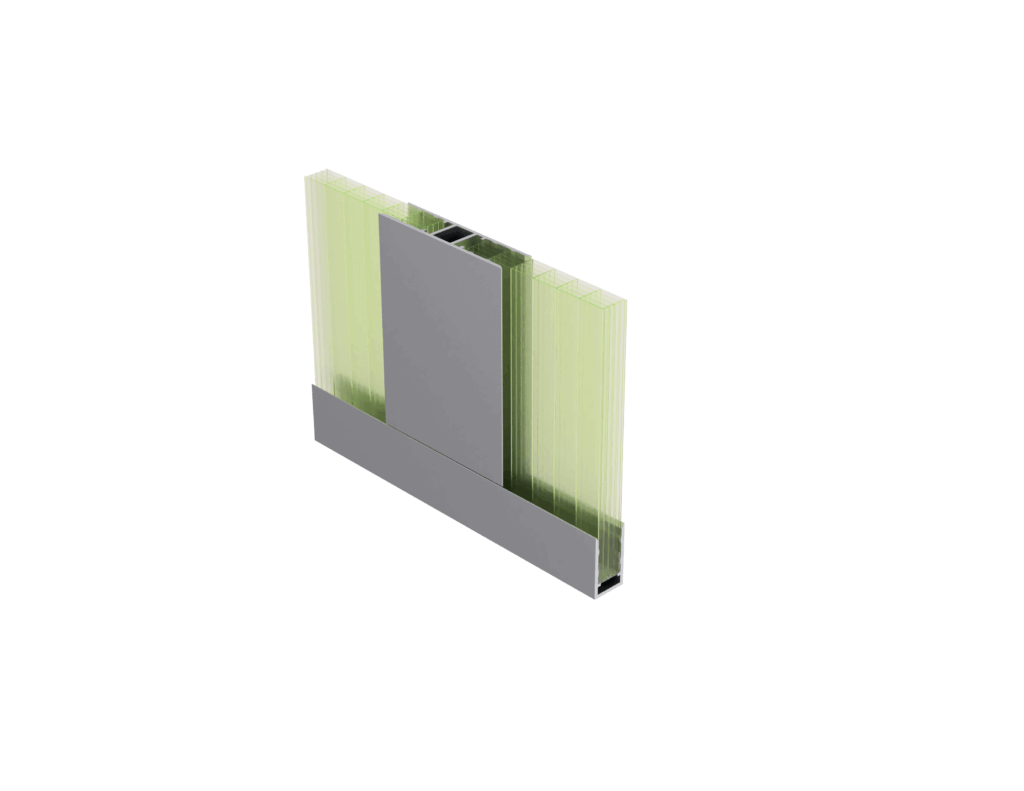 Querschnitt eines lichtdurchlässigen Paneels mit grauem Aluminiumelement, ideal für moderne Architektur.