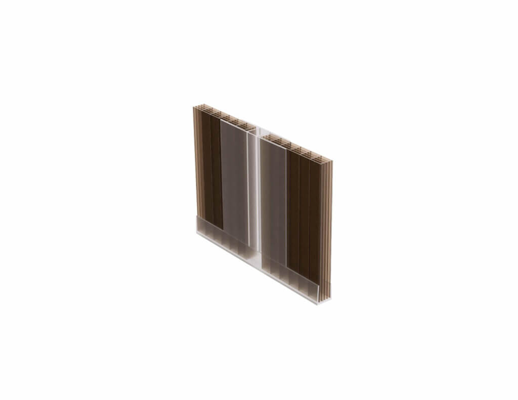 Transparentes Polycarbonatplattenprofil für Dach- oder Wandverkleidungen, braun getönt, von der Seite gezeigt.