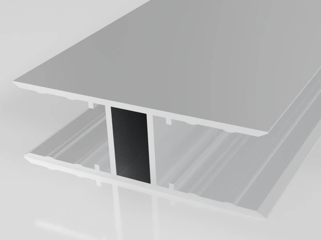 Aluminiumprofil für strukturelle Anwendungen, Darstellung eines H-förmigen Querschnitts in silberner Farbe.