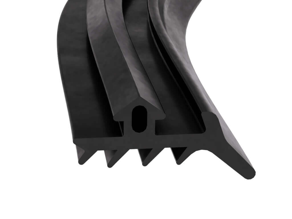 Schwarze Gummidichtung mit profilierter Form für effektive Abdichtung und Isolierung in Türen und Fenstern.