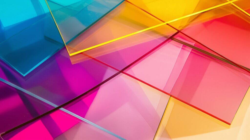 Bunte Glasplatten in leuchtenden Farben, abstrakte Komposition mit Blau, Pink, Gelb und Orange.