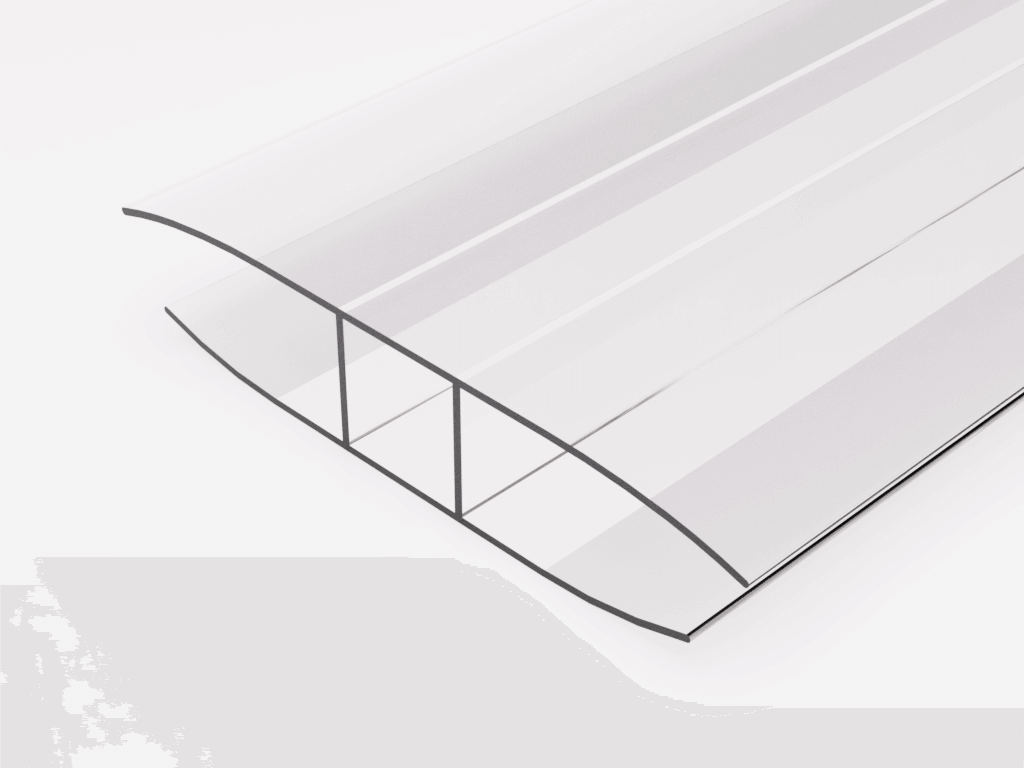 Klares Polycarbonat-Verbindungsprofil für Terrassendachsysteme, leicht und langlebig.