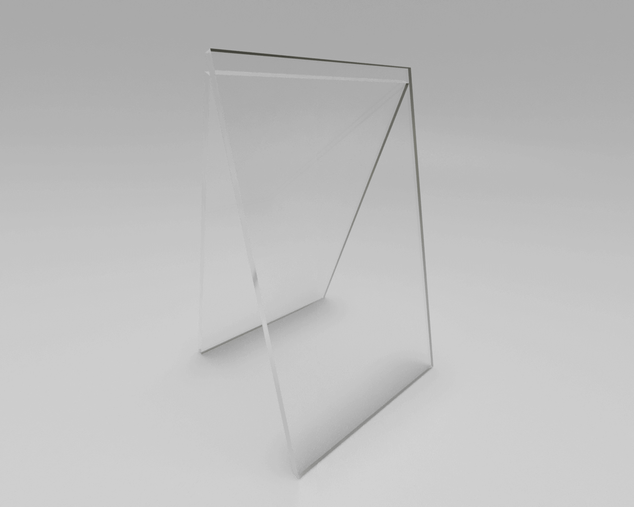 Transparente, freistehende Glasstruktur in geometrischer Form auf grauem Hintergrund. Modernes Design und Minimalismus.