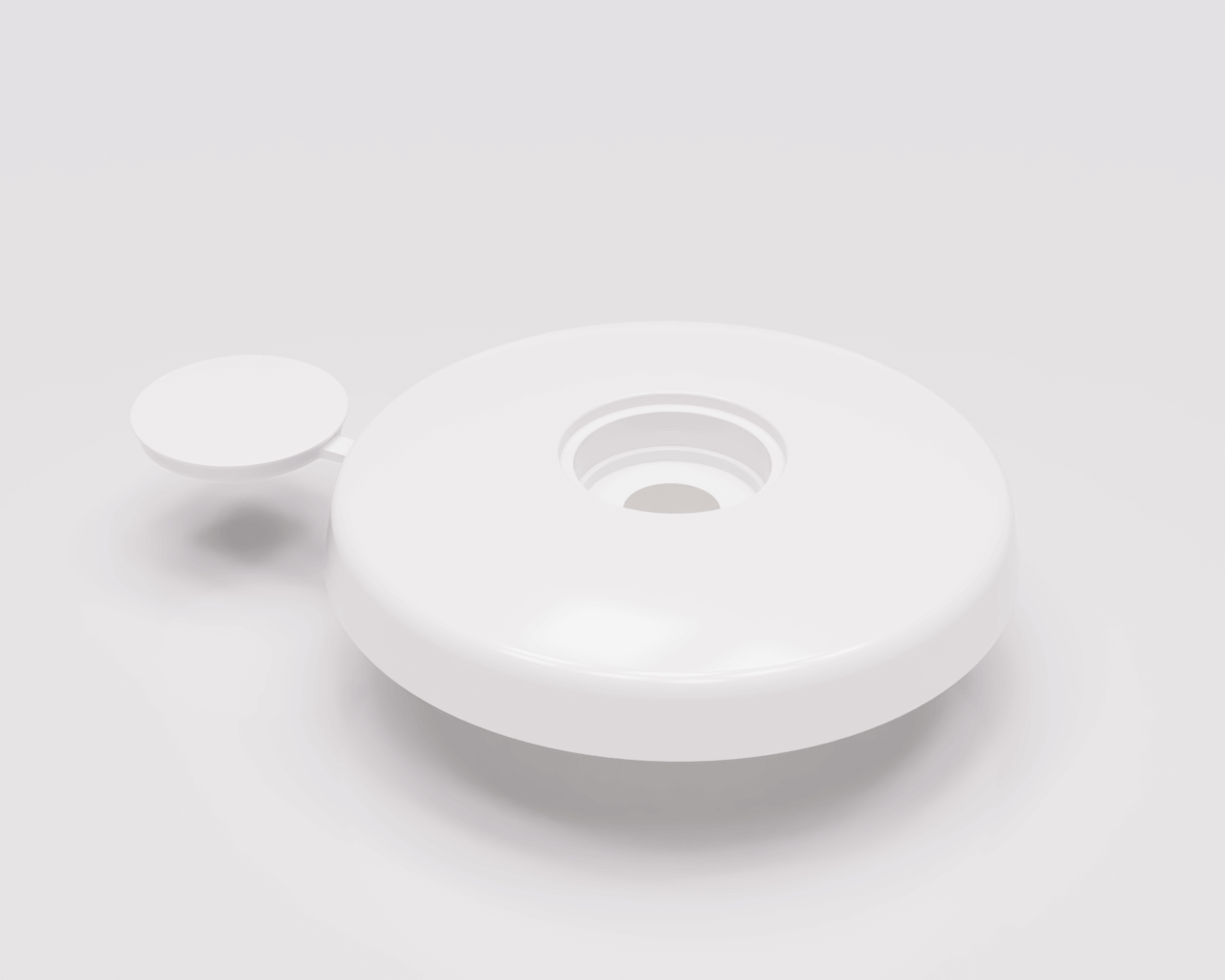 Weißes Plastik-Luftbefeuchter-Gehäuse mit seitlichem Anschluss, minimalistisches Design auf grauem Hintergrund.